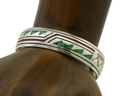 Navajo Inlay Bracelet 925 Silver Turquoise & Coral Signed Stanely Bain C.80's