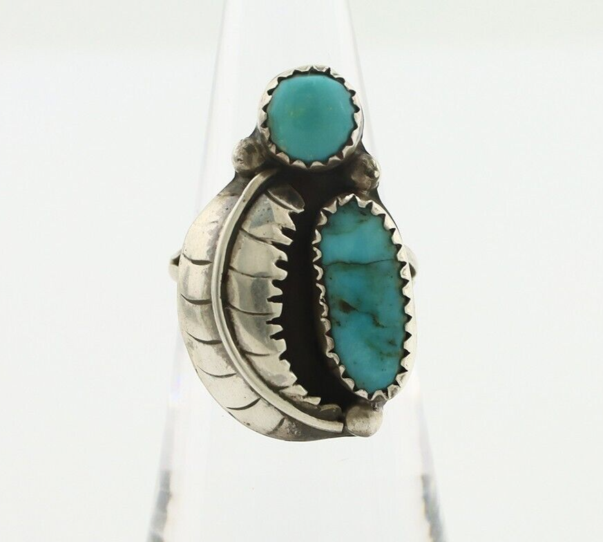 Navajo 2 Stone Ring 925 Silver Kingman Turquoise Native American Artist C.80's