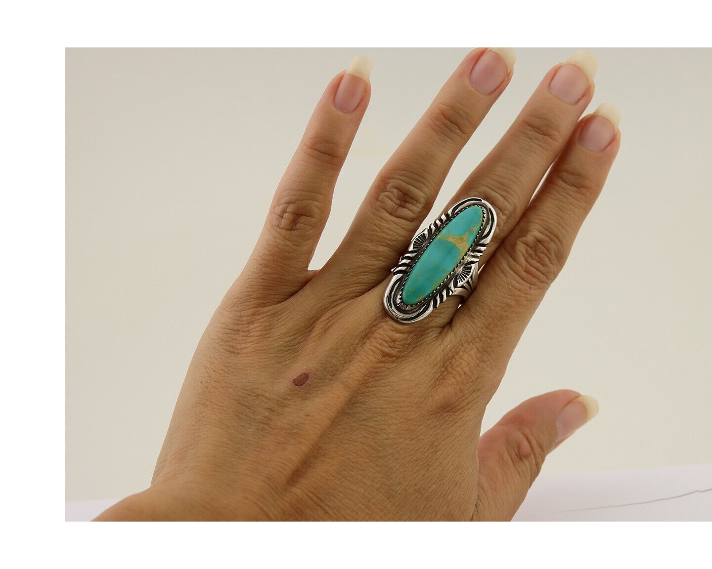 Navajo Hand Stamped Ring 925 Silver Turquoise Native Artist Begay C.80's