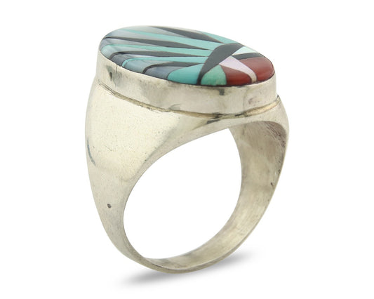 Large Vintage Zuni Ring Sterling Silver Authentic Gemstone Handmade Size 11
