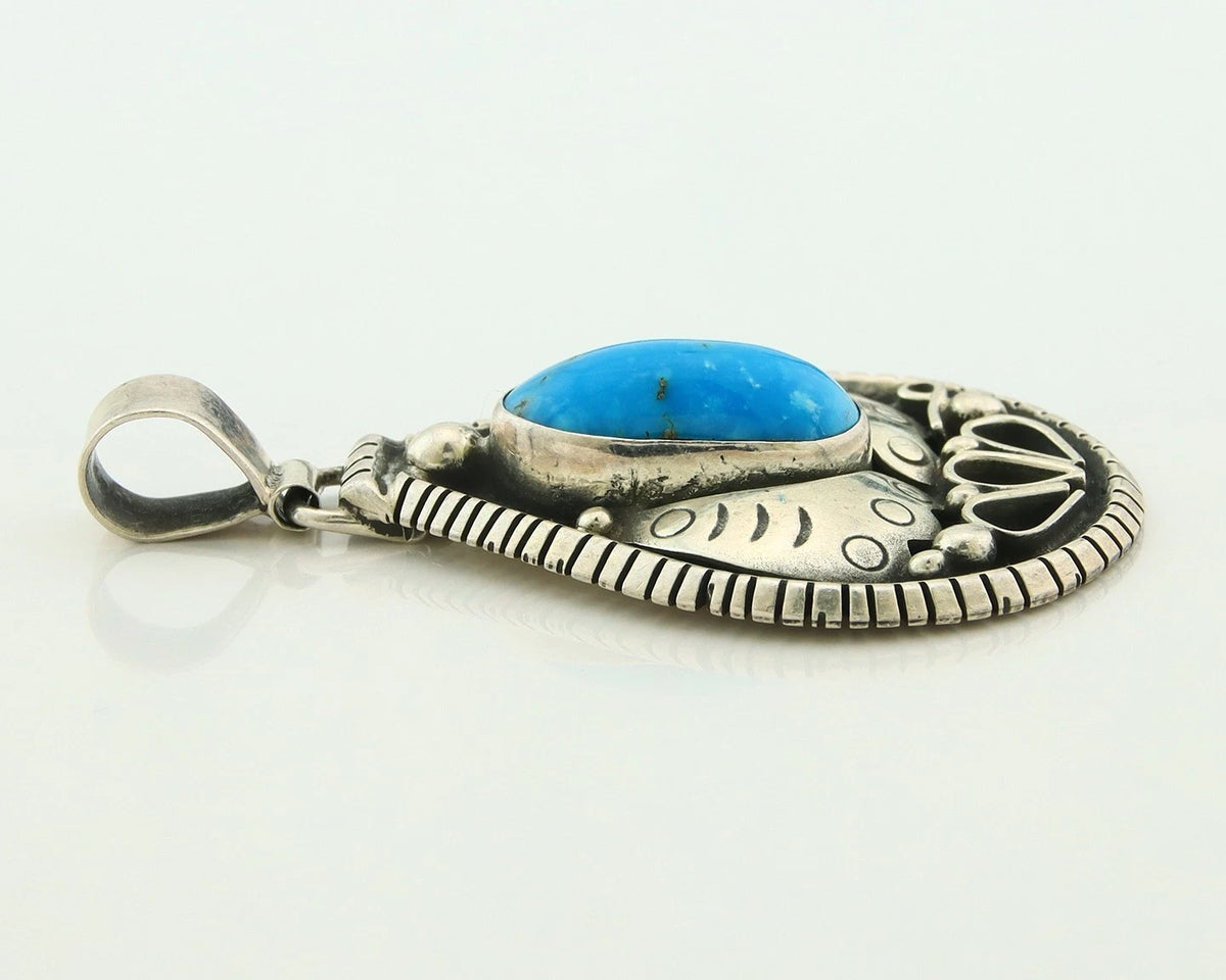 Navajo Pendant 925 Sterling Silver Natural Turquoise Vintage Artist Sign Teepee