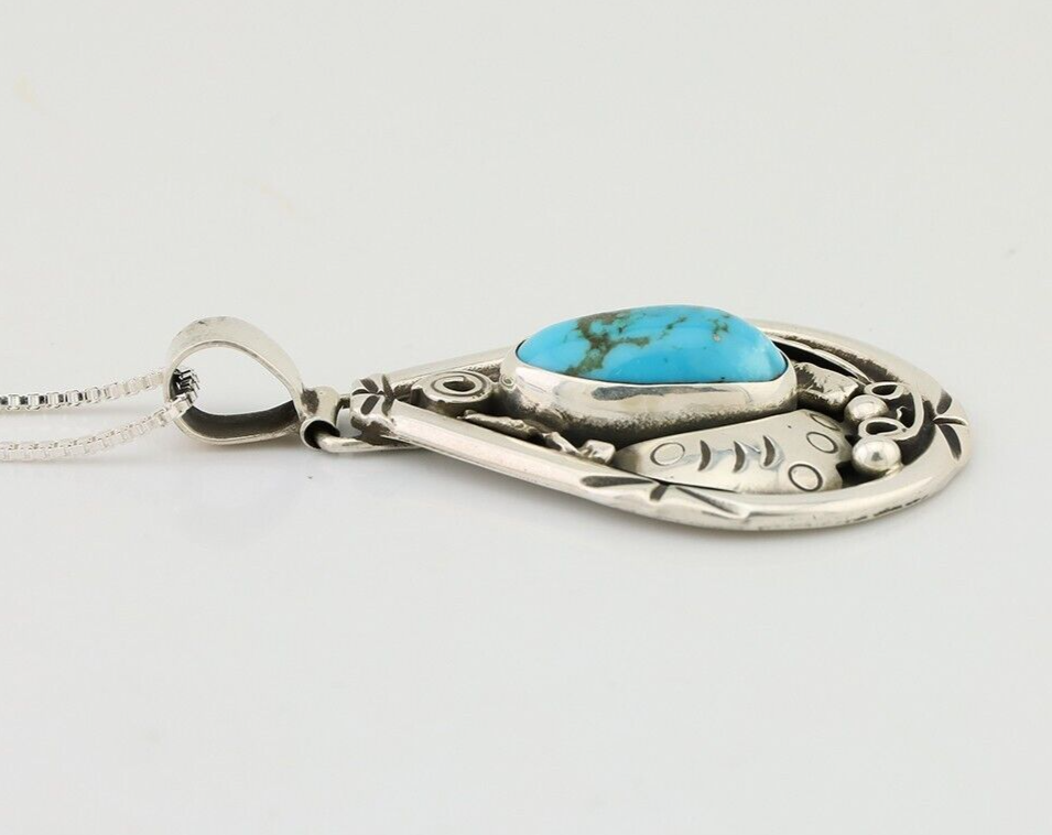 Navajo Handmade Pendant 925 Silver Turquoise Signed Tipi on Hill C.80's