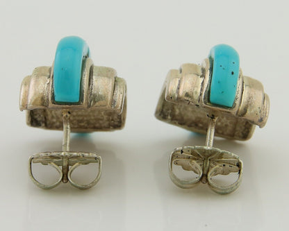 Navajo Half Hoop Earrings 925 Silver Natural Turquoise Artist Signed ShaRay C80s