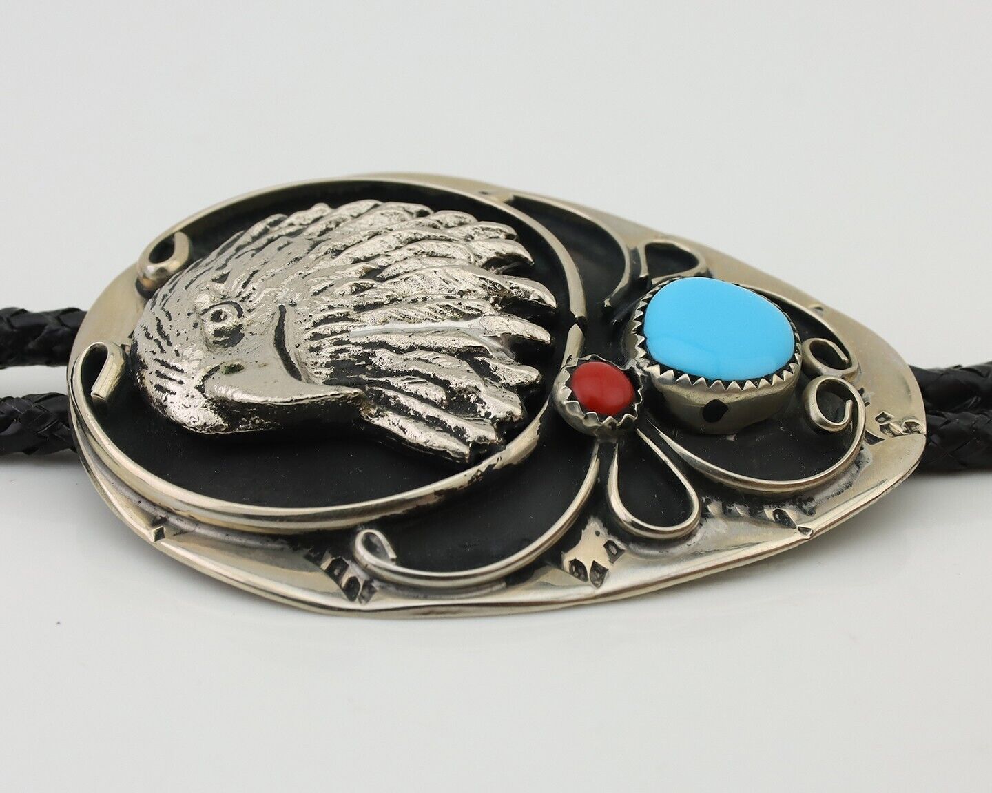 Navajo Eagle Bolo Tie .999 Nickel Coral & Turquoise Native Artist C.80's