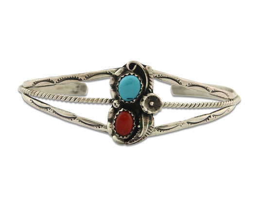 Vintage Navajo Bracelet 925 Silver Red Coral Turquoise Signed C