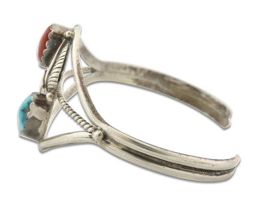 Vintage Navajo Bracelet 925 Silver Red Coral Turquoise Signed Paul J
