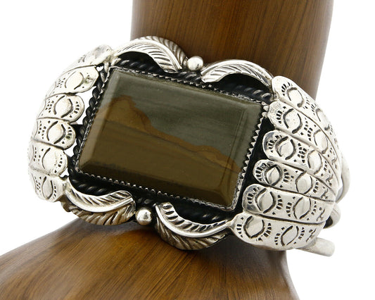 Navajo Bracelet .925 Silver Natural Petrified Wood Native American C.70's