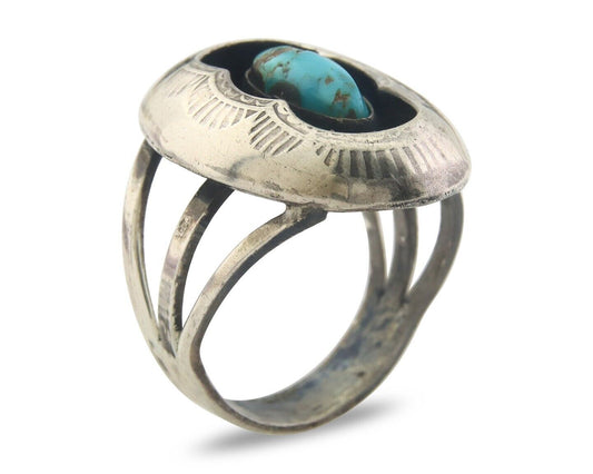 Navajo Ring 925 Sterling Turquoise Handmade Native Artist C.80's Size 8.25