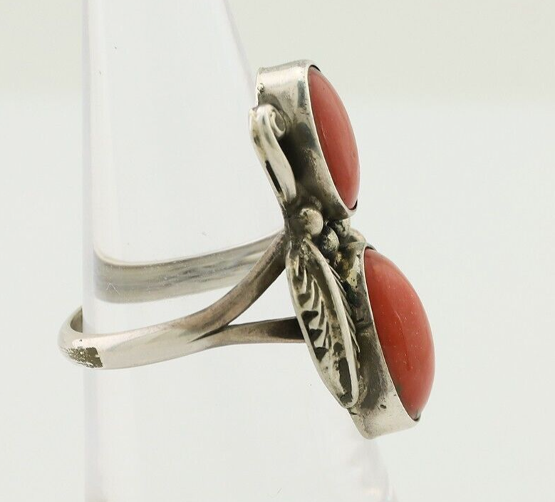 Navajo Ring 925 Silver Natural Mediterranean Coral Artist Signed A C.80's