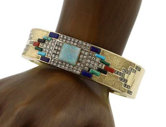 Navajo Handmade Bracelet Solid 14k Gold Diamond & Gemstones Native Artist C.80's