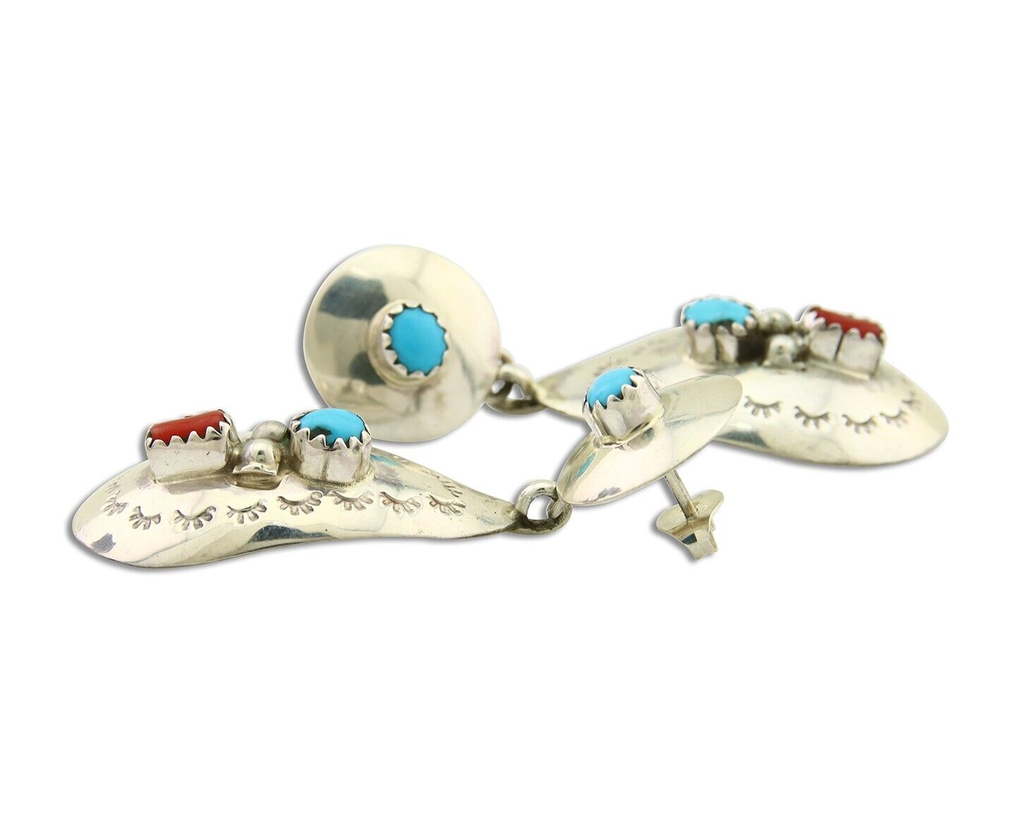 Navajo Earrings 925 Silver Turquoise & Coral Artist Signed Leeann Lee C.80's