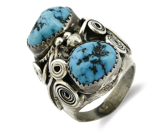 Navajo Ring .925 Silver Handmade Sleeping Beauty Turquoise Signed BC C.80's