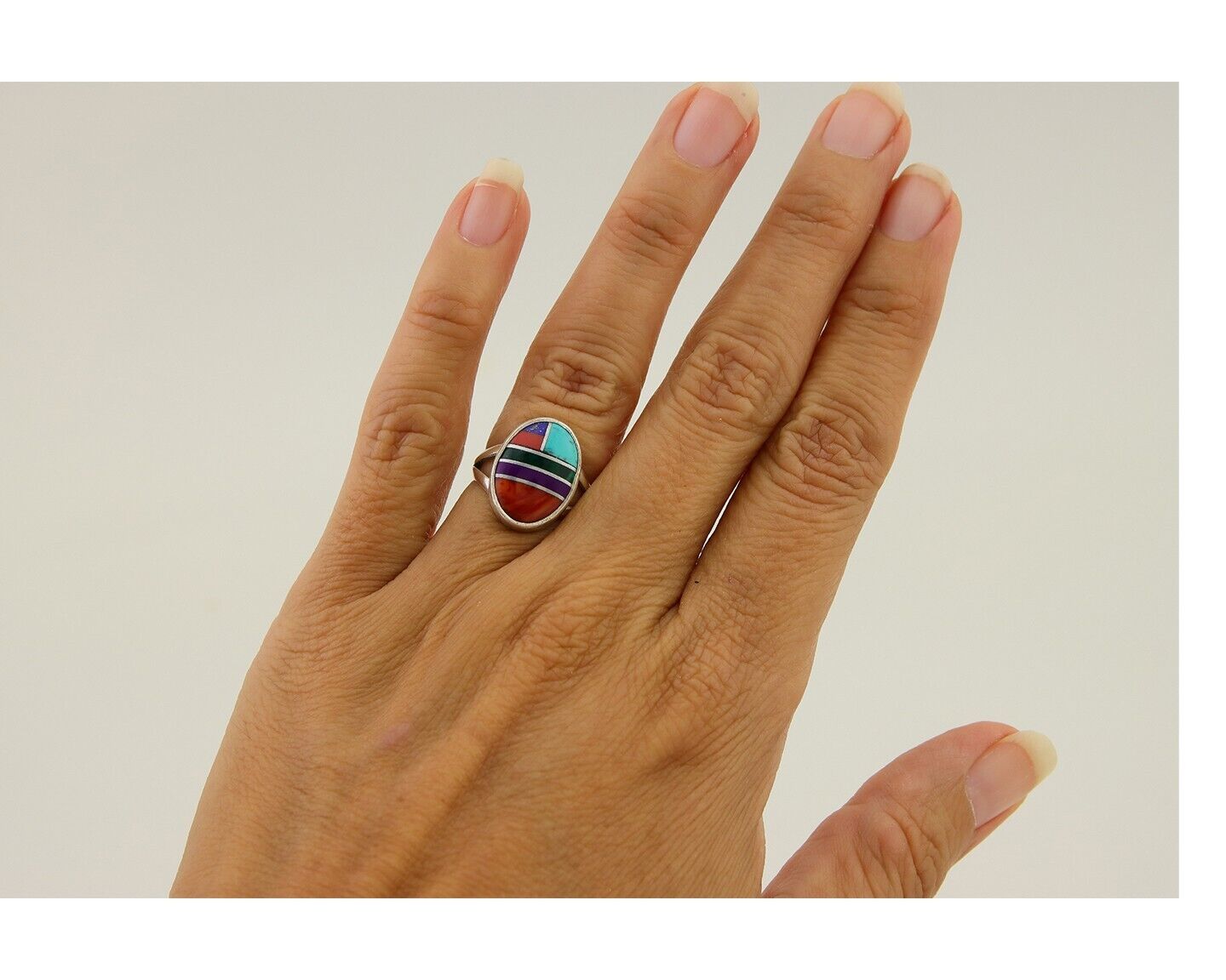 Navajo Ring 925 Sterling Silver Natural Gemstones Artist Signed Sunrise C.80's