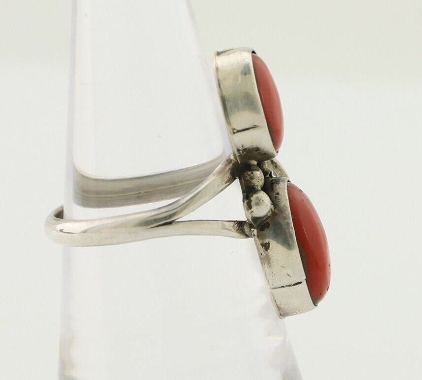 Navajo Ring 925 Silver Natural Mediterranean Coral Artist Signed A C.80's