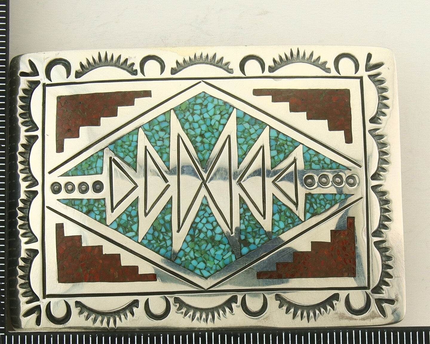 Vintage Navajo Belt Buckle 925 Silver Inlaid Gemstone Signed Stanley Bain C.80's