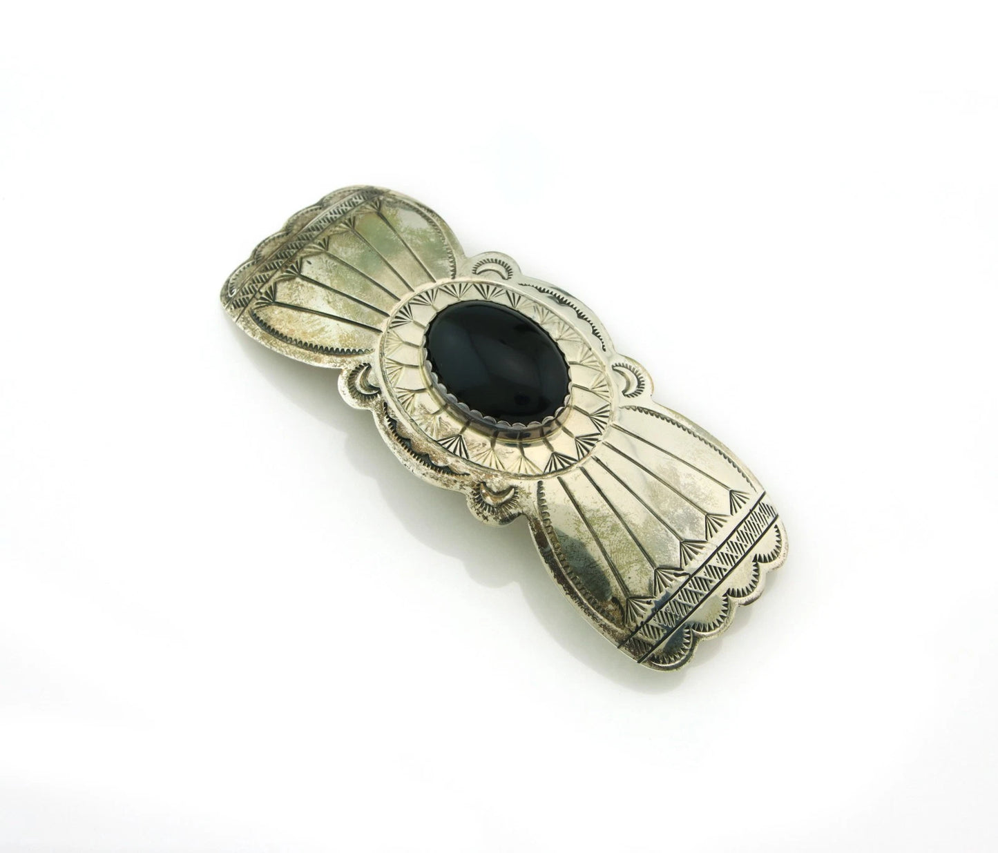 Navajo Barrette Sterling Silver Black Onyx Vintage Hand Stamped 3.9 in.