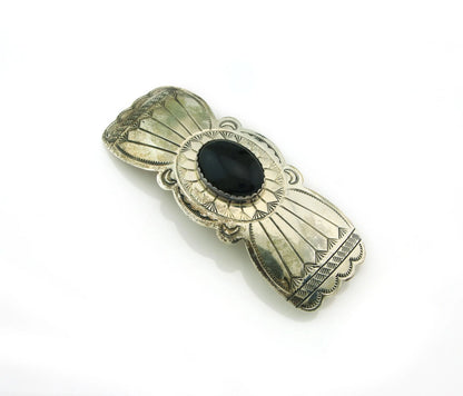 Navajo Barrette Sterling Silver Black Onyx Vintage Hand Stamped 3.9 in.
