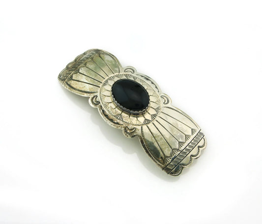 Navajo Barrette Sterling Silver Black Onyx Vintage Hand Stamped 3.9 in.
