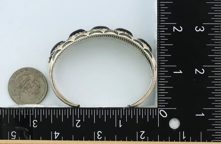 Navajo Cuff Bracelet 925 Sterling Silver Onyx Handmade Vintage Signed H Spencer