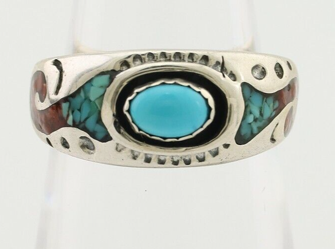 Navajo Ring 925 Silver Turquoise & Coral Natural American Artist C.80's