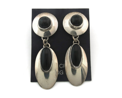 Navajo Earrings Sterling Silver Natural Onyx Dangle Vintage Handmade