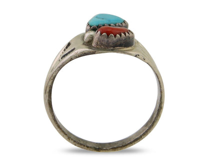 Navajo Handmade Ring 925 Silver Turquoise & Coral Native Artist C.80's