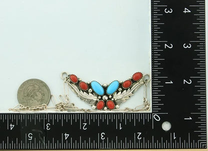 Navajo Necklace Earring Set 925 Sterling Silver Turquoise & Coral Signed RB