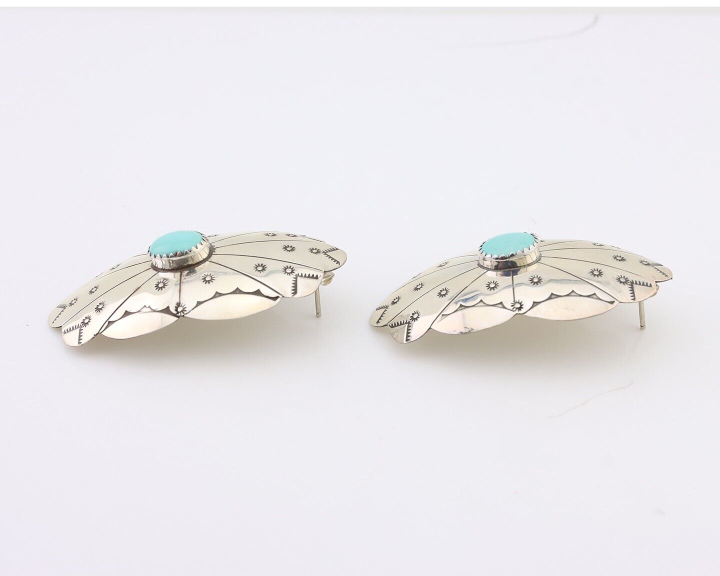 Navajo Hand Stamped Shield Earrings 925 Silver Turquoise Native Artist C.80's