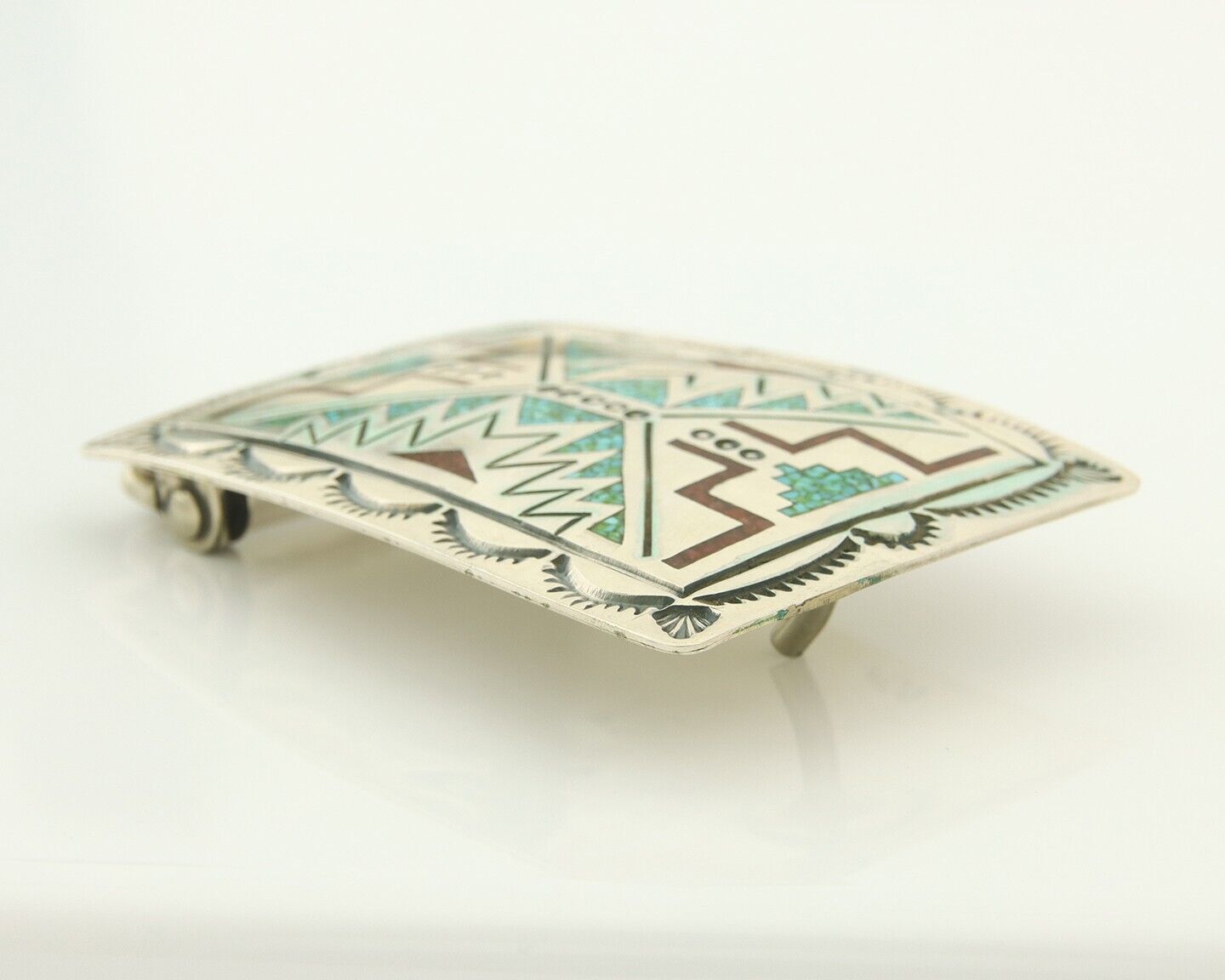 Vintage Navajo Belt Buckle 925 Silver Handmade Inlaid Gemstone Stanely Bain