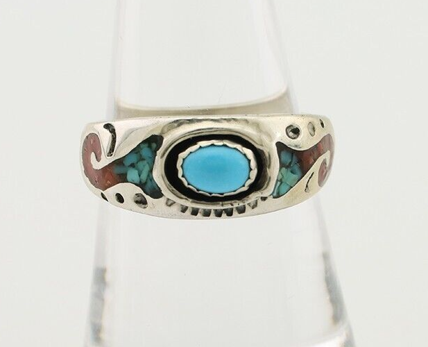 Navajo Ring 925 Silver Turquoise & Coral Natural American Artist C.80's