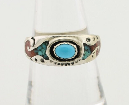 Navajo Ring 925 Silver Turquoise & Coral Natural American Artist C.80's