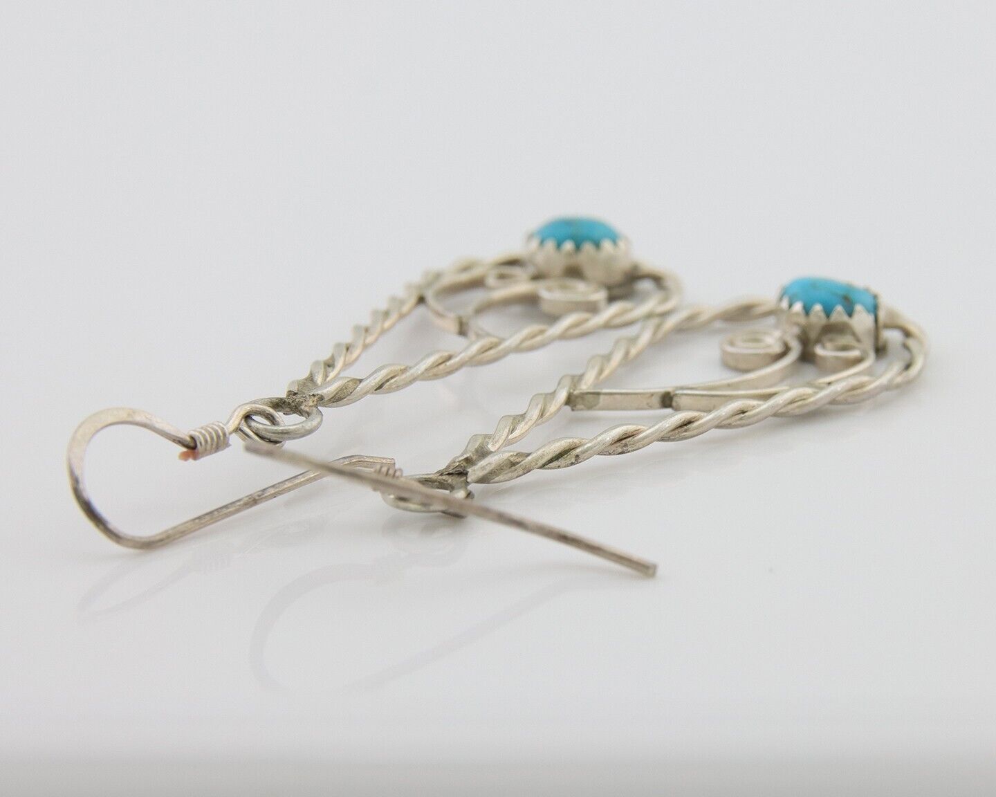 Navajo Dangle Earrings 925 Silver Natural Turquoise Artist Signed JB C.80's