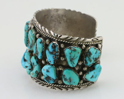 Men Navajo Cuff Bracelet 925 Silver Blue Hand Cut Turquoise Native Artist C.80's