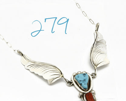 Navajo Arnold Malorey .925 Silver Turquoise & Coral Feather Necklace