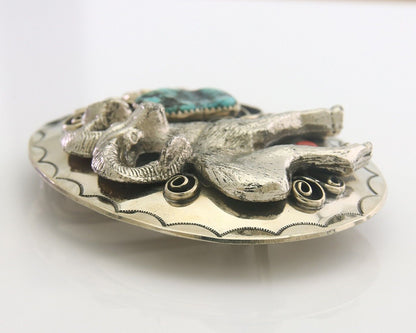 Navajo Belt Buckle .999 Nickel Buffalo Gemstone Signed 2.5 x 3.0 in C.80's