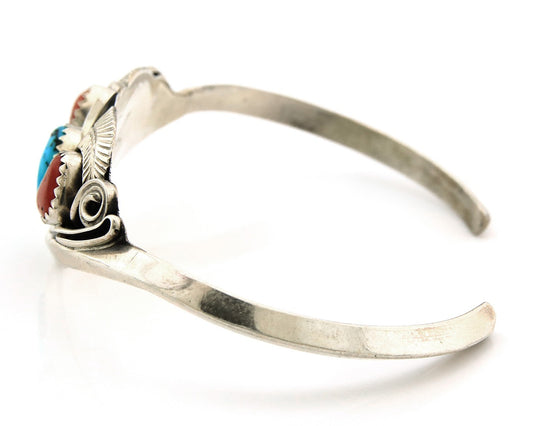 Navajo Cuff Bracelet Sterling Silver Natural Coral Turquoise Sign Justin Morris