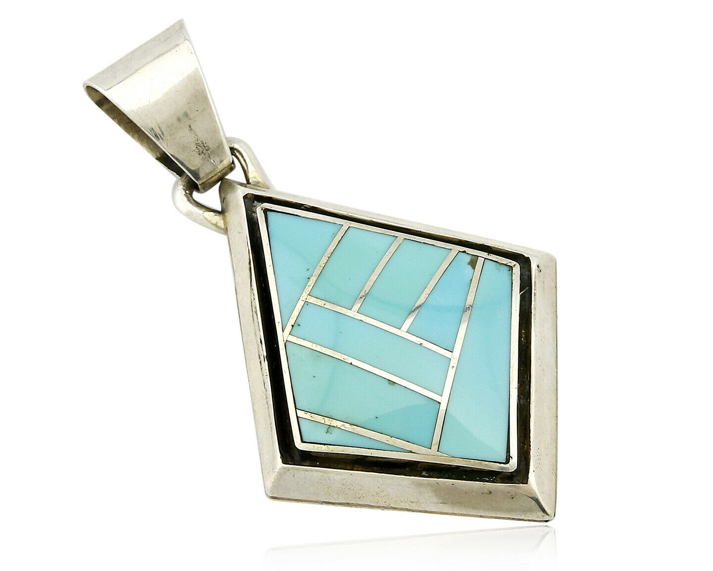 Navajo C. 1980's Inlaid Raised Shadowbox .925 Silver Turquoise Pendant