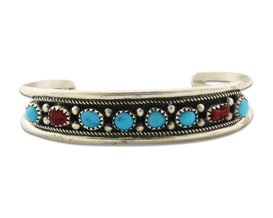 Vintage Navajo Bracelet 925 Silver Red Coral Turquoise Signed Herman Lee