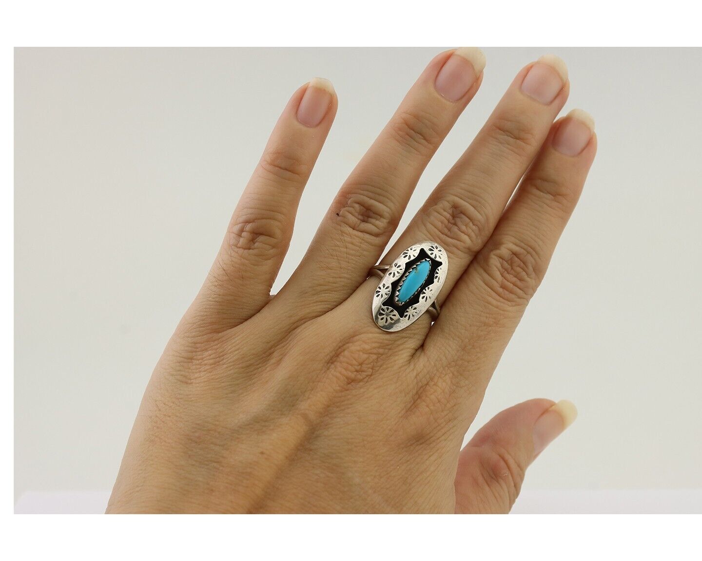 Navajo Ring 925 Silver Natural Blue Turquoise Signed IJC C.80's