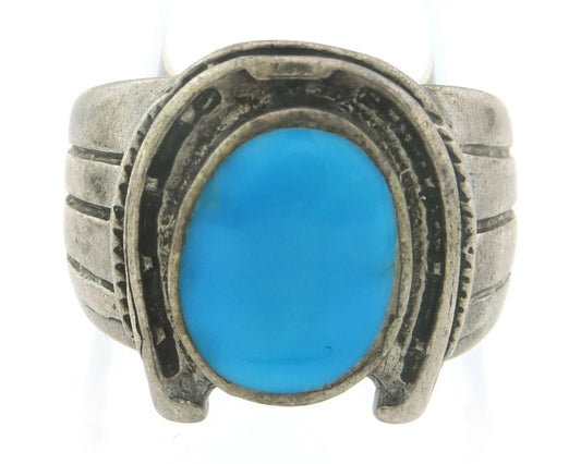 Navajo Horse Shoe Ring Sterling Silver Natural Turquoise Size 7.25