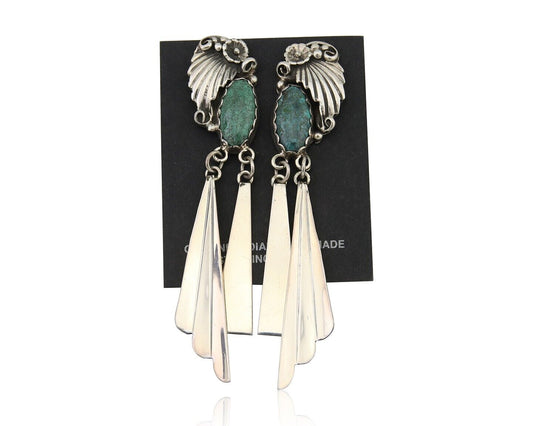 Navajo Dangle Earrings 925 Silver Natural Green Turquoise Artist Signed M.S C80s