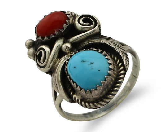 Navajo Ring 925 Silver Blue Turquiose & Coral Artist Signed Justin Morris C.80's