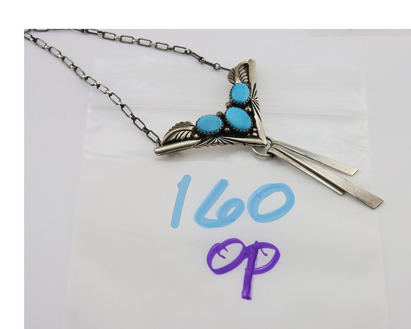 Navajo Turquoise Necklace 925 Silver Artist Signed De Chelly & NJ C.80's