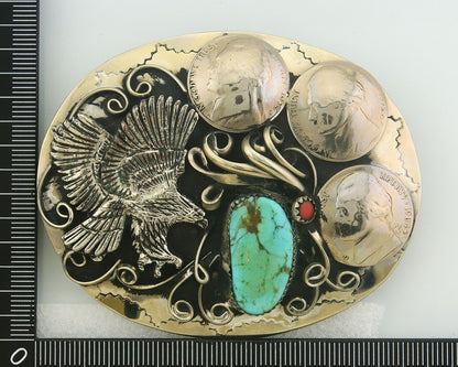 Navajo Belt Buckle .999 Nickel Buffalo Gemstone Signed Squaw Wrap 2.5x3.0in C80s