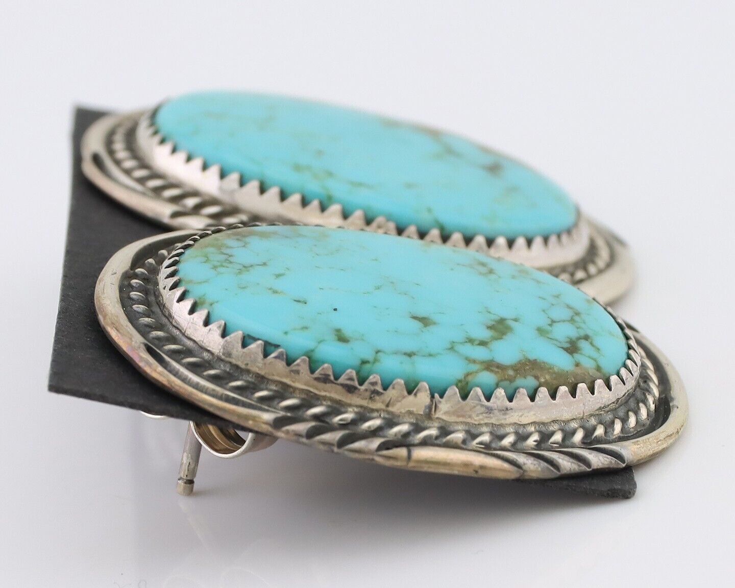 Navajo Dangle Earrings 925 Silver Kingman Turquoise Artist Signed TALHAT C.80's