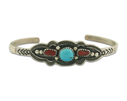 Navajo Bracelet 925 Silver Coral & Turquoise Cuff Signed Running Bear C.80's
