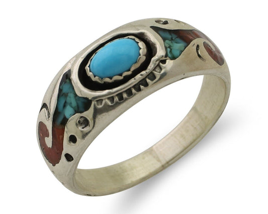 Navajo Ring 925 Silver Turquoise & Coral Natural American Artist C.80's