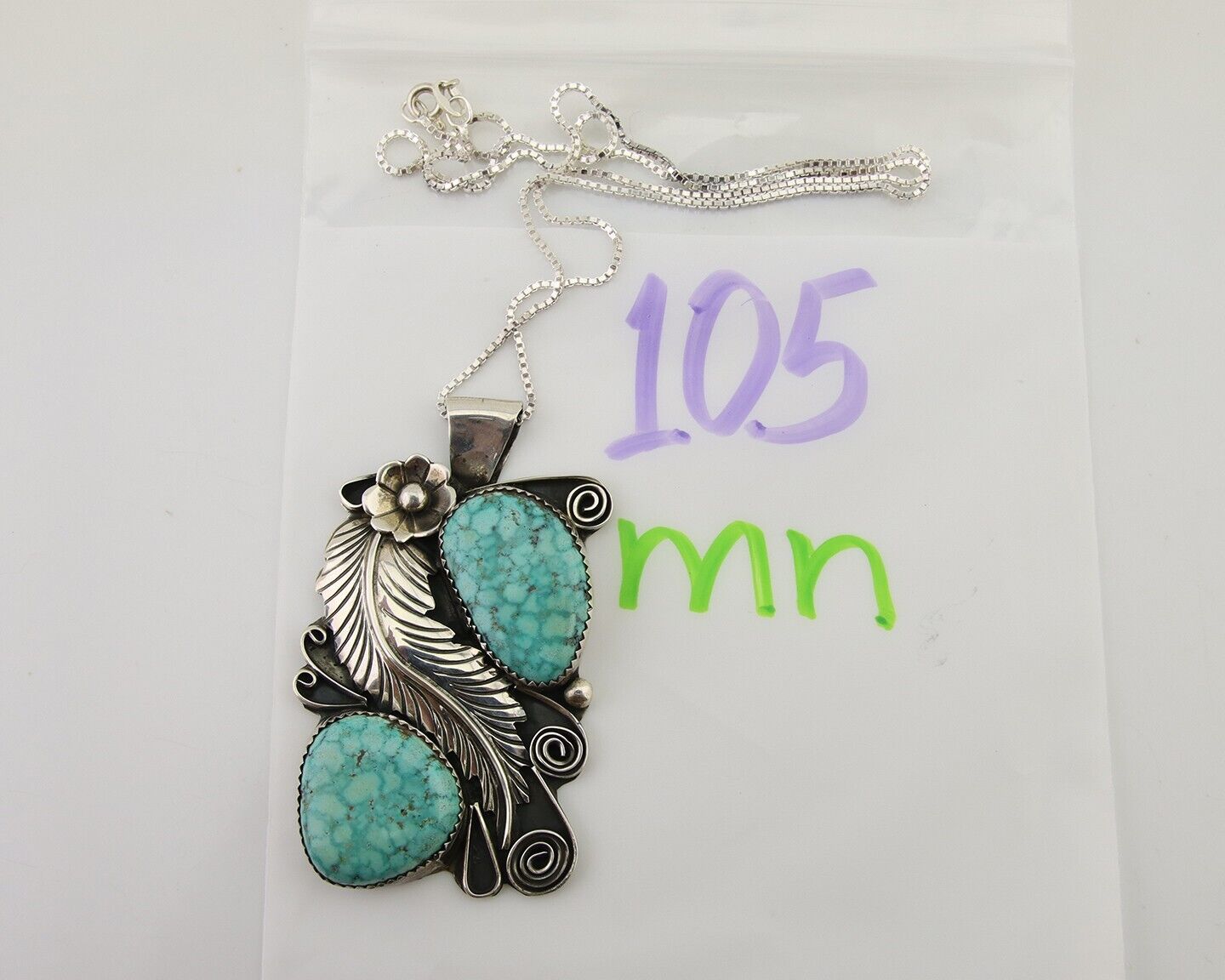 Navajo Necklace 925 Silver Natural Turquoise Artist Signed M Thomas C.80's