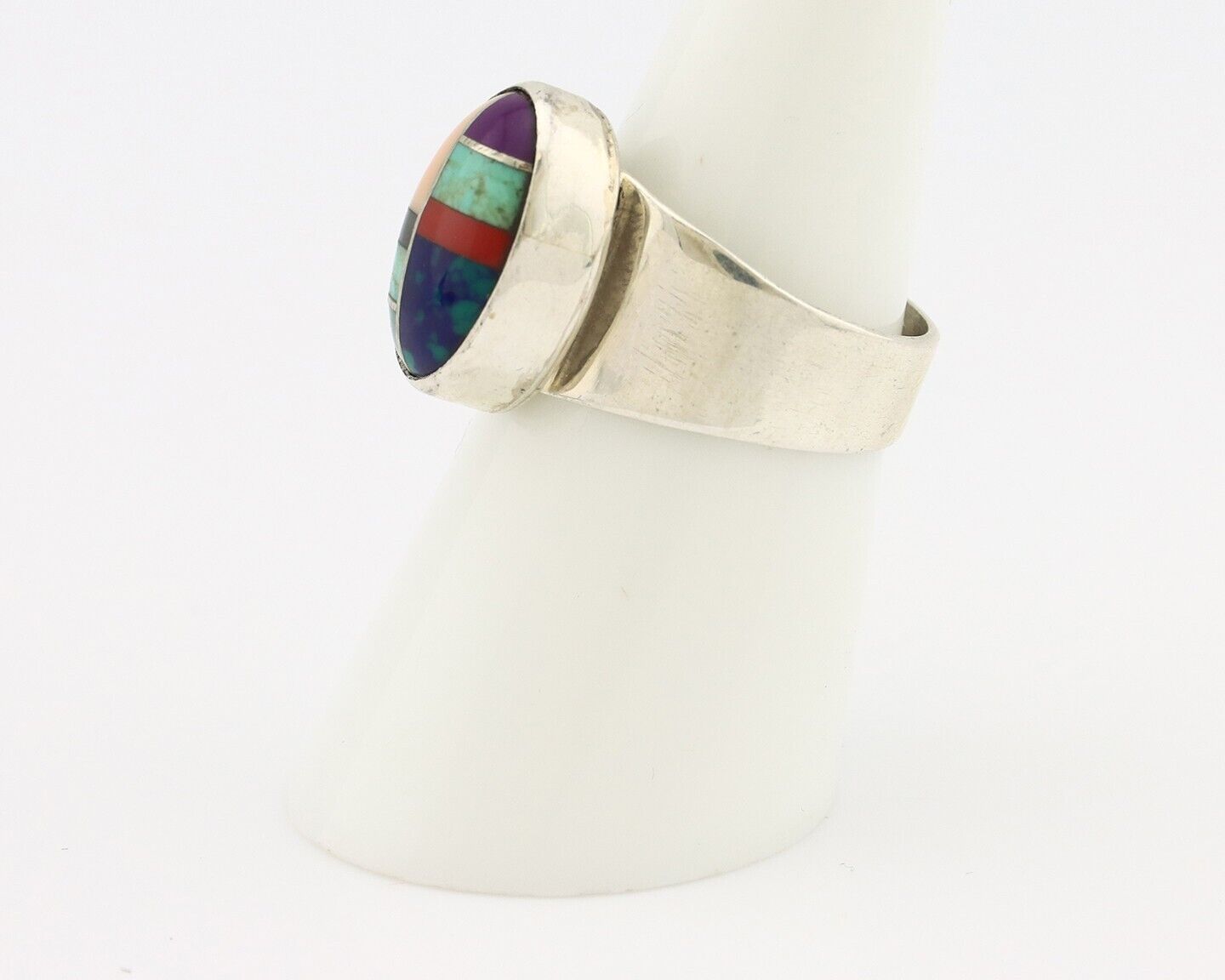 Zuni Inlaid Ring 925 Silver Mixed Natural Gemstones Native American Artist C.80s