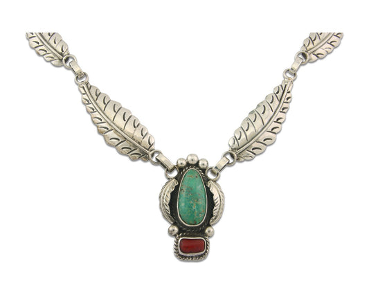 Vintage Navajo Necklace 925 Silver Coral & Turquoise Artist Signed Sunrise